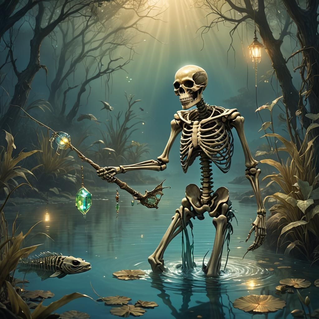 Skeleton Catches Giant Catfish in Savanna River