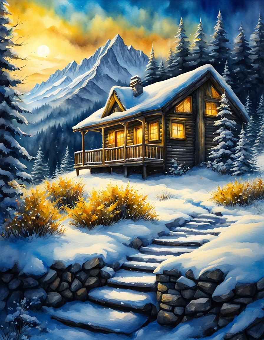 Snow Cabin in Winter Landscape as Watercolor