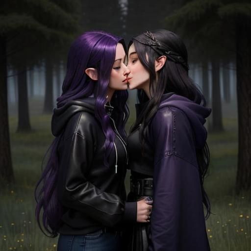Elven Mage and Human Girl Kiss in Meadow