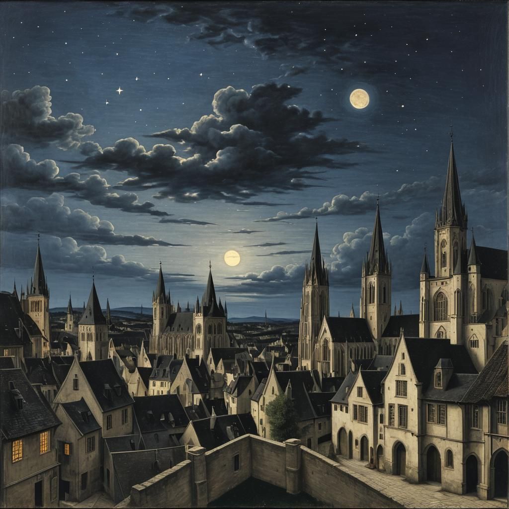 Dark Blue Night Sky in Early Netherlandish Style