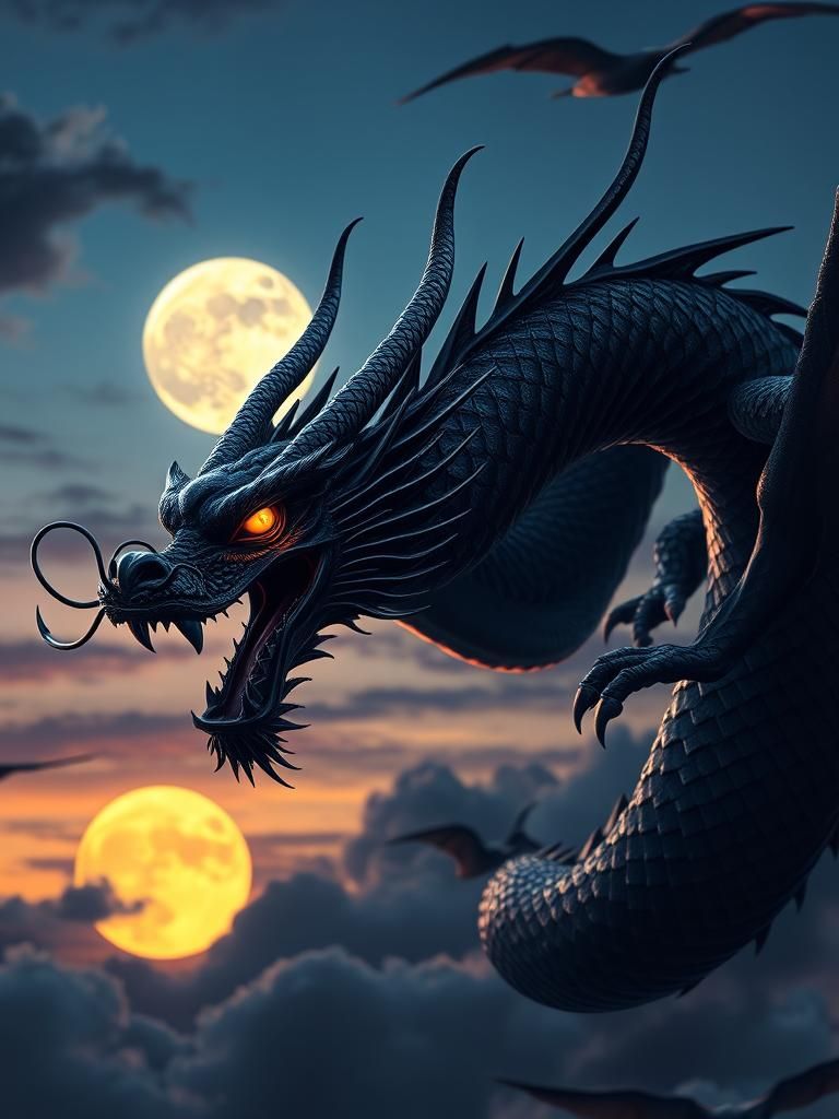 Majestic Black Dragon Soaring at Twilight