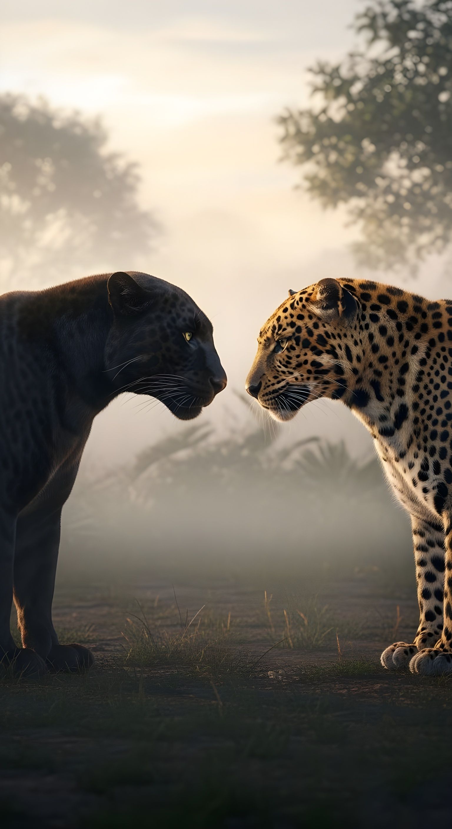 Black Panther and Leopard Face-Off in Misty Jungle
