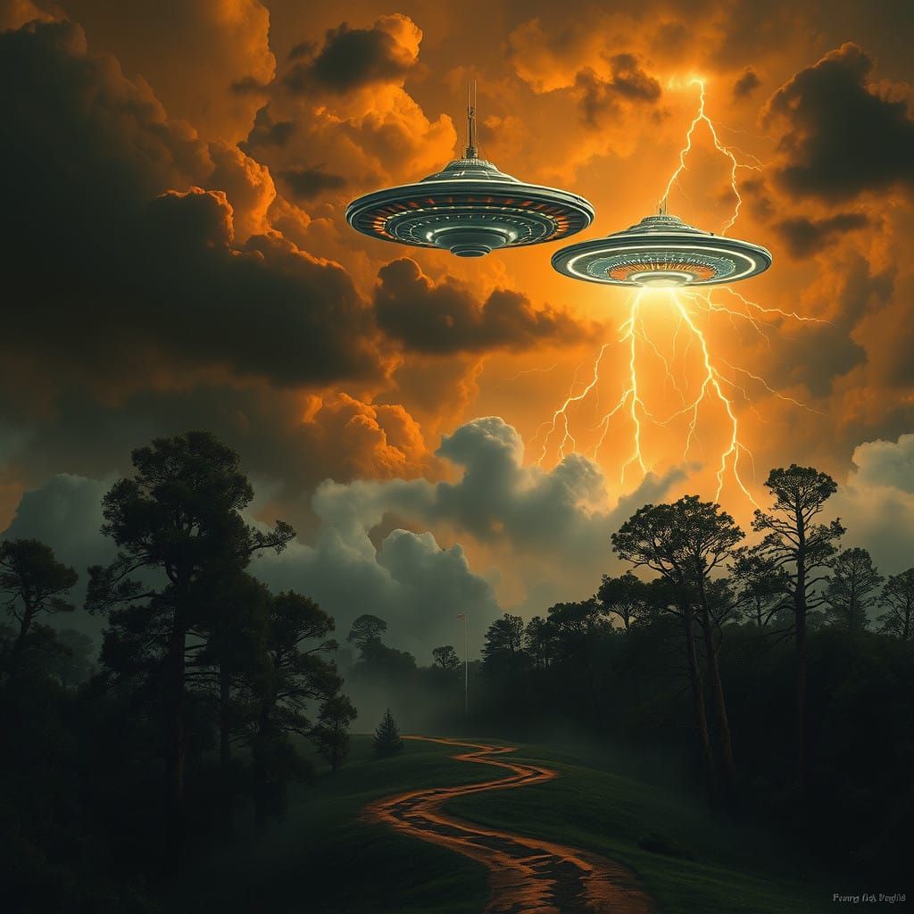 Mysterious Stormy Landscape with a Glowing UFO