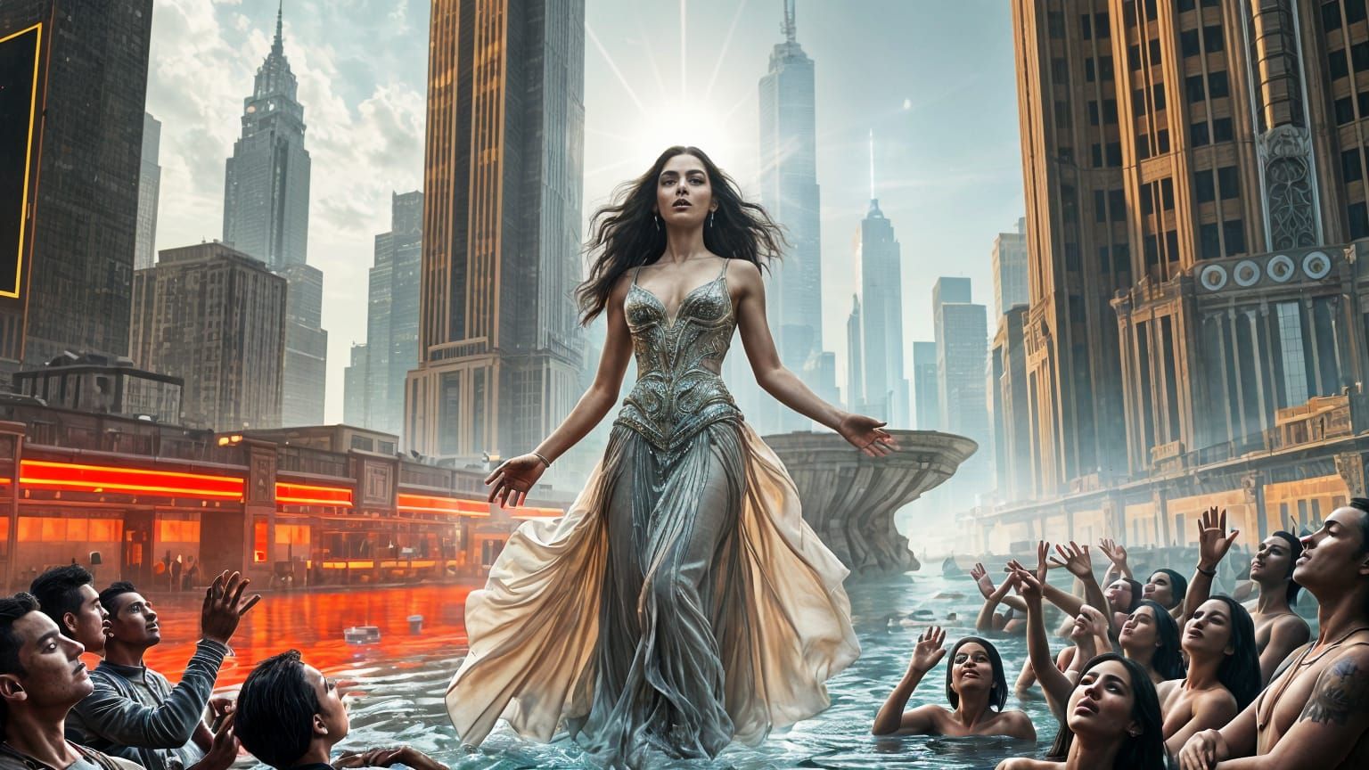 Radiant Being Emerges from Glowing Rivers in Art Deco Citysc...