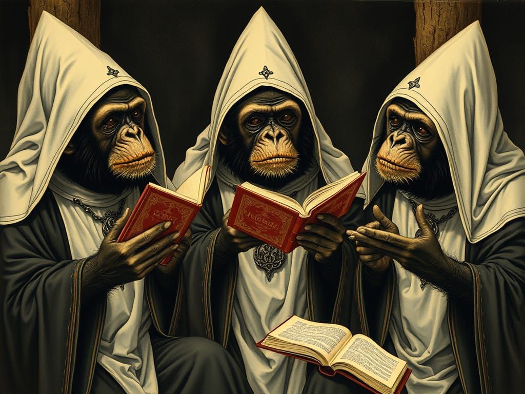 Chimpanzee Monks Singing Hymns in Art Nouveau Style