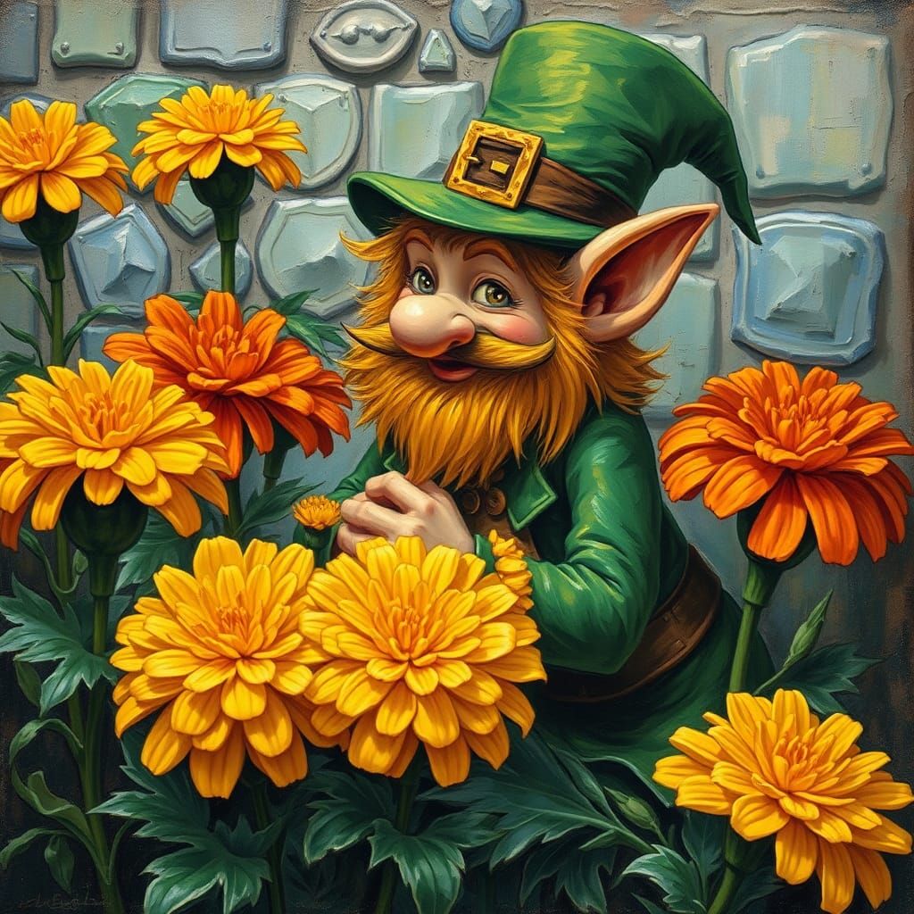 Marigolds and Sneaking Leprechaun in Cubist Style