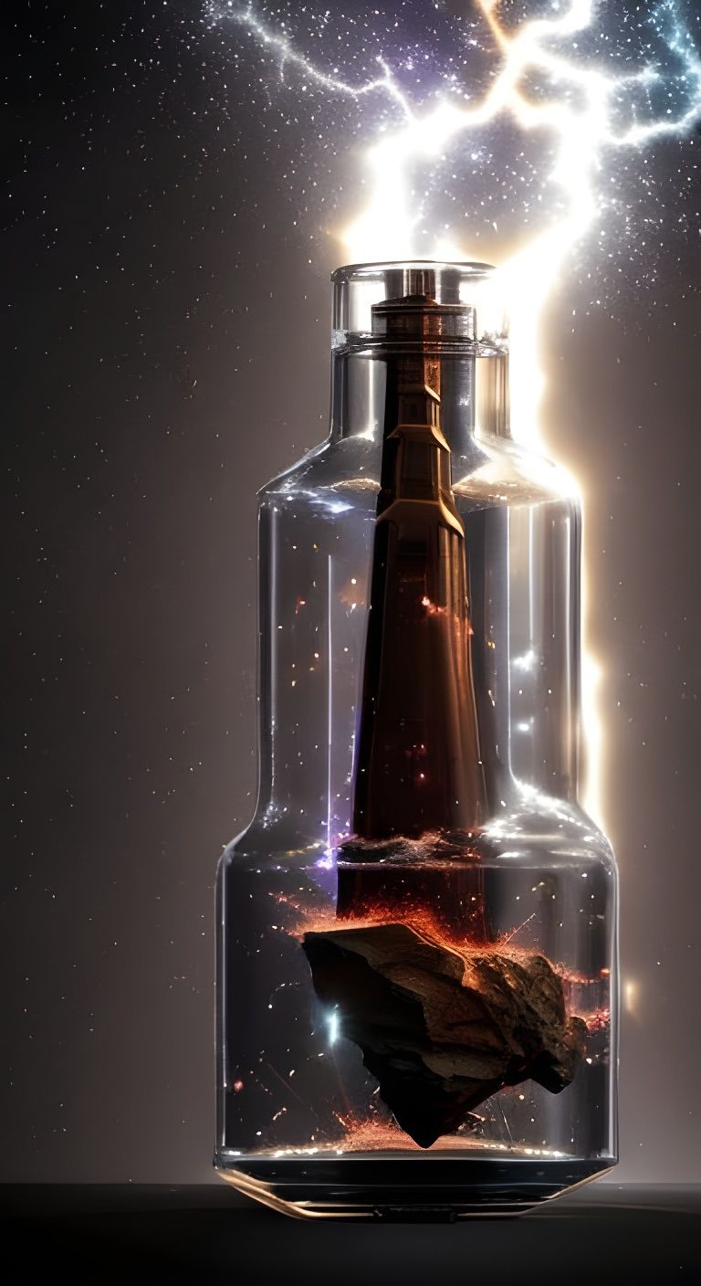 Crystal clear big Bottle with a nebula lightning storm inside it. The storm nebula in a Bottle. The lightning nebula ins...
