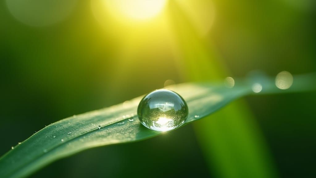 Glistening Water Droplet Reflected in a Leaf's Smooth Surfac...