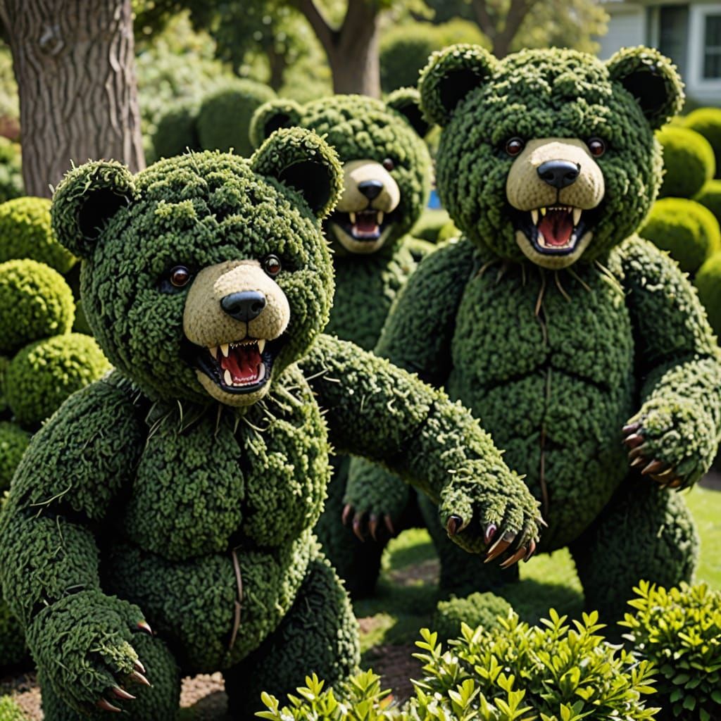 Aggressive Topiary Teddy Bears: Horror Garden Art