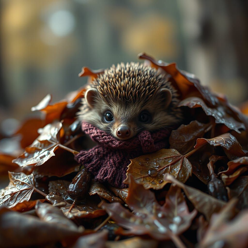 Whimsical Hedgehog in Autumn Leaves