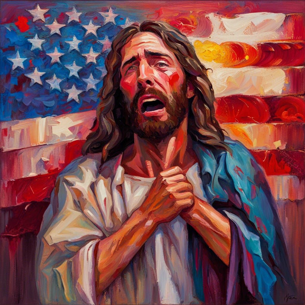 Jesus with American Flag in Expressionist Style