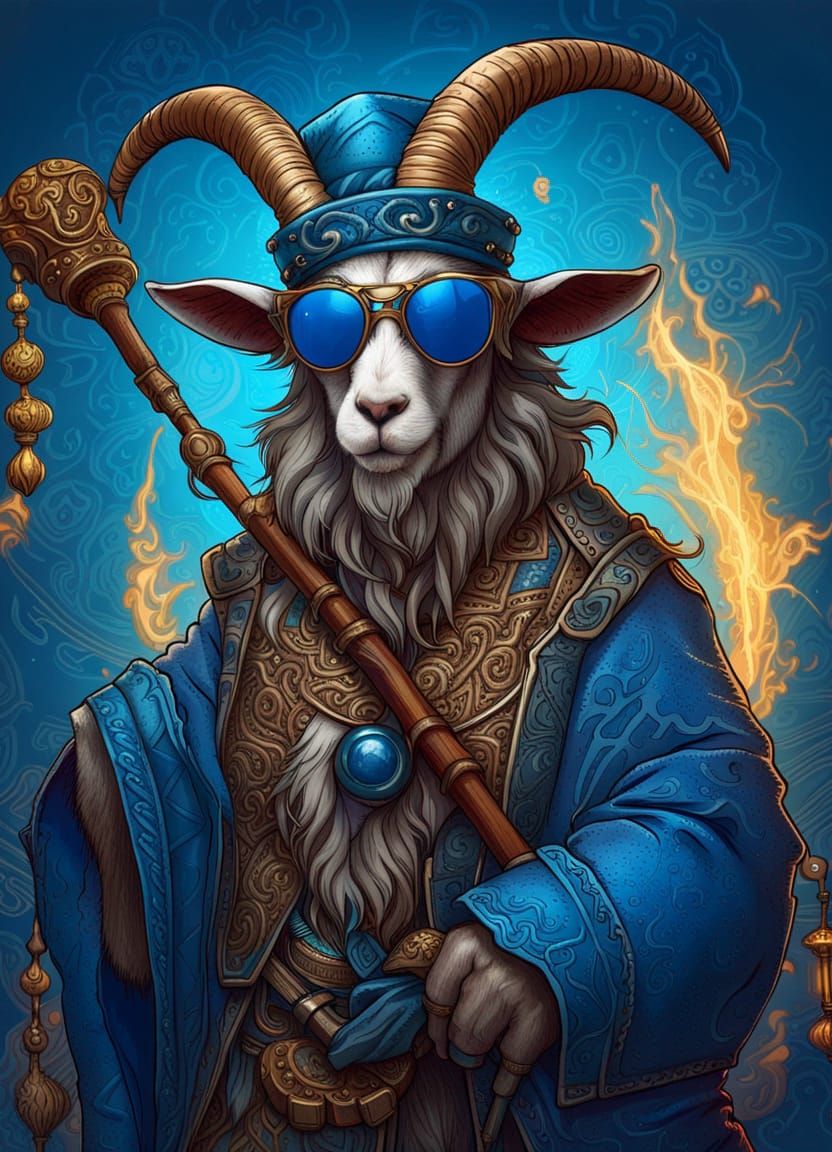 Mage Goat with Staff and Blue Electricity