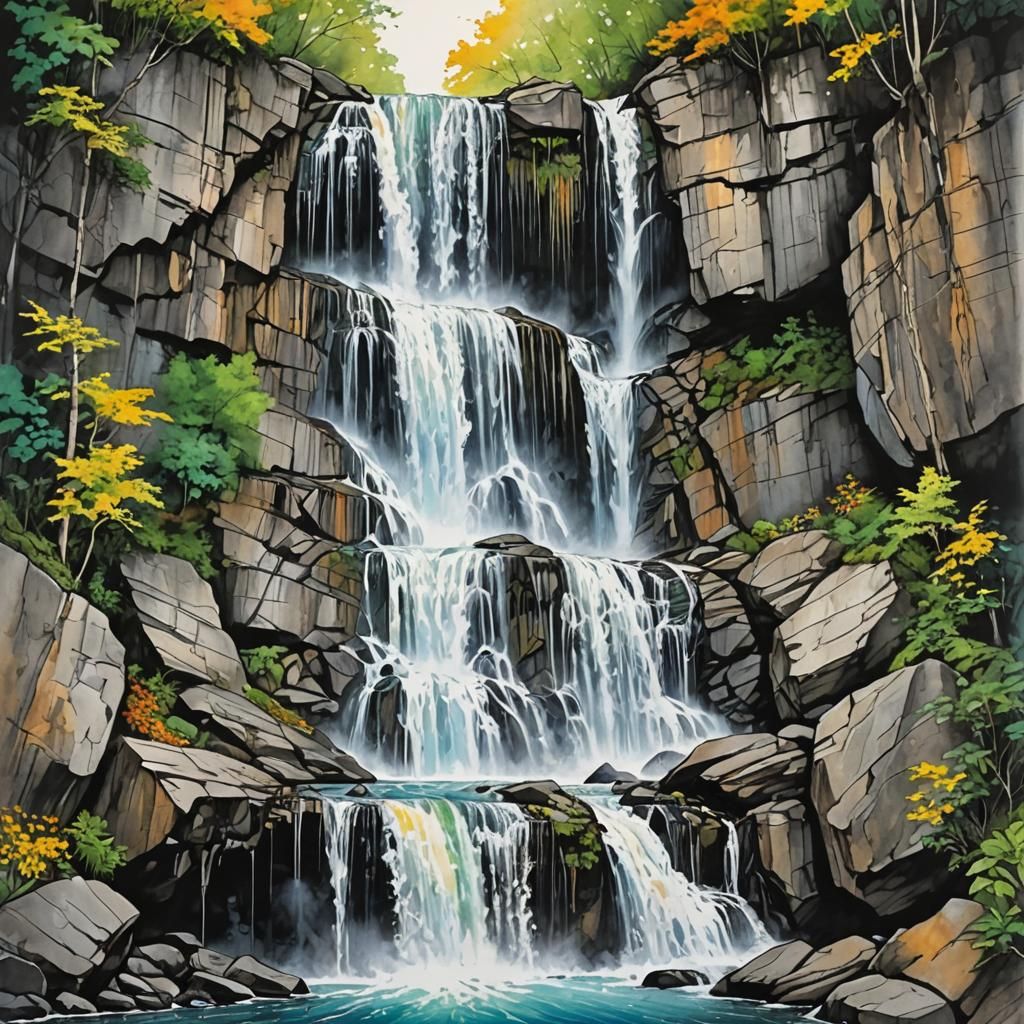 Cascading Waterfall in Mixed Media Style
