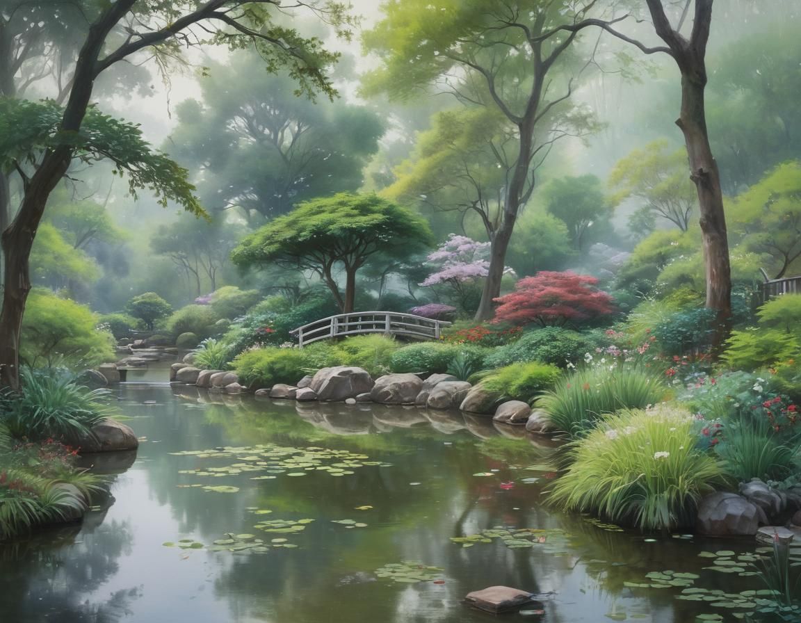 Misty Japanese Garden in Watercolor Style