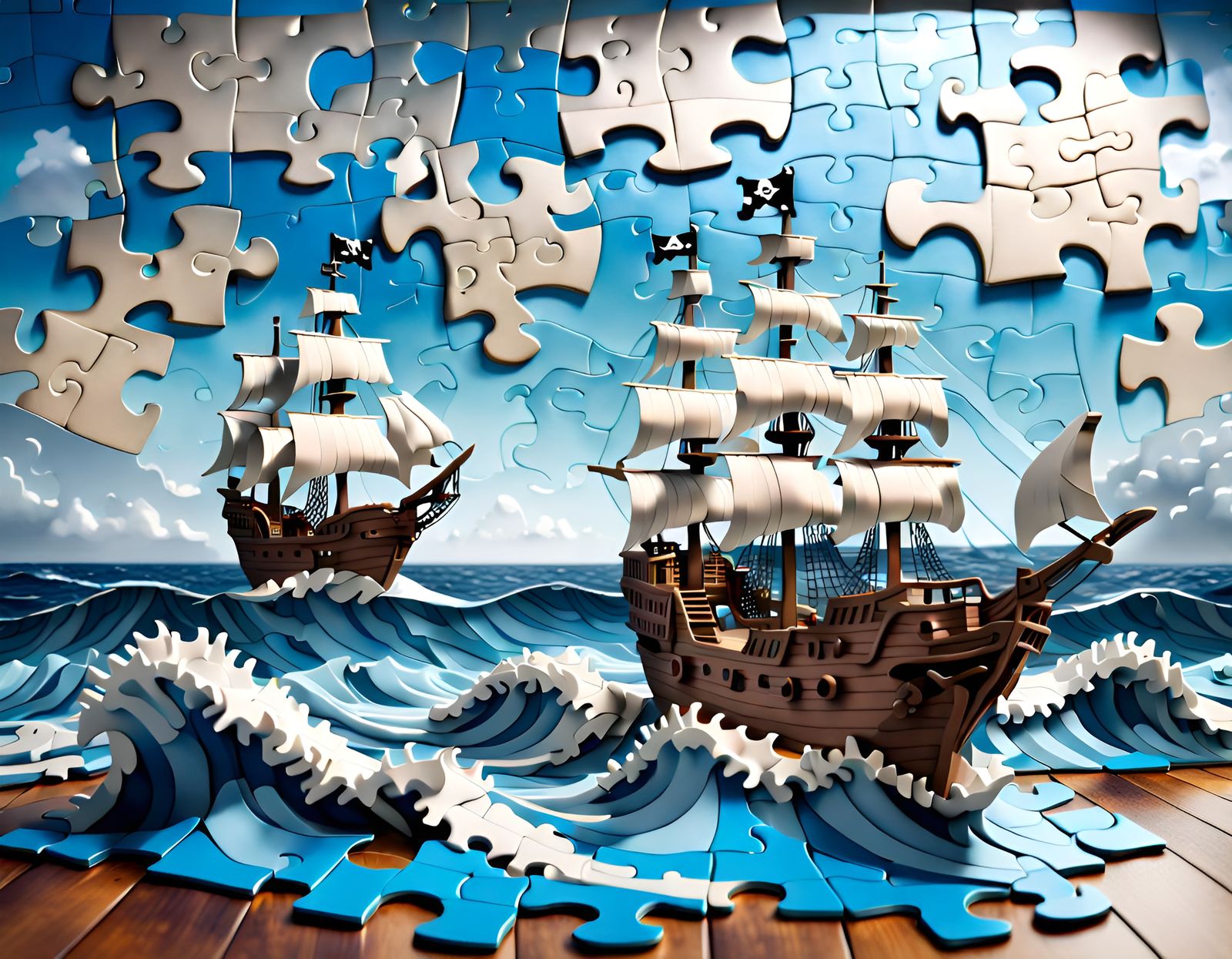Ocean Puzzle Scene with Pirate Ship in 3D