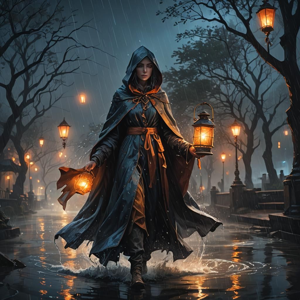 Mystical Girl in Rain: Dark Fantasy Concept Art