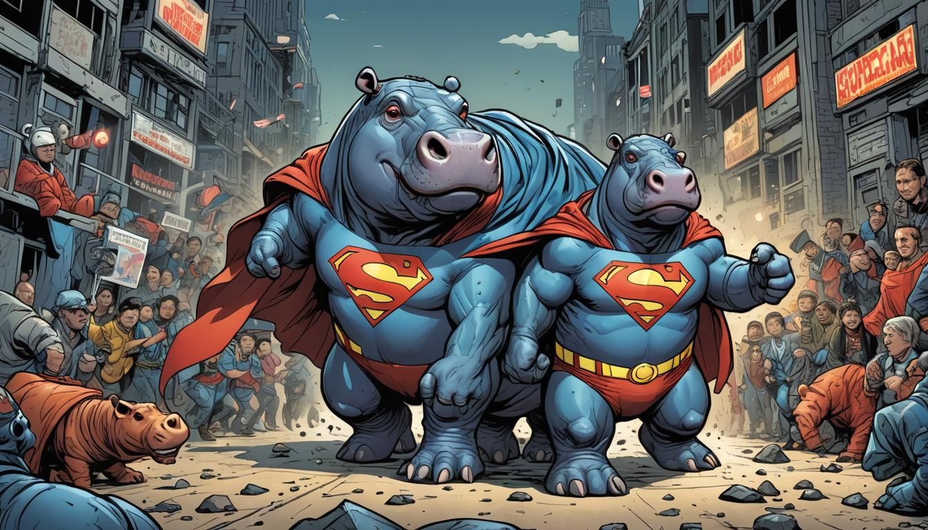 Cartoon Hippo as Superman in Comic Book Art