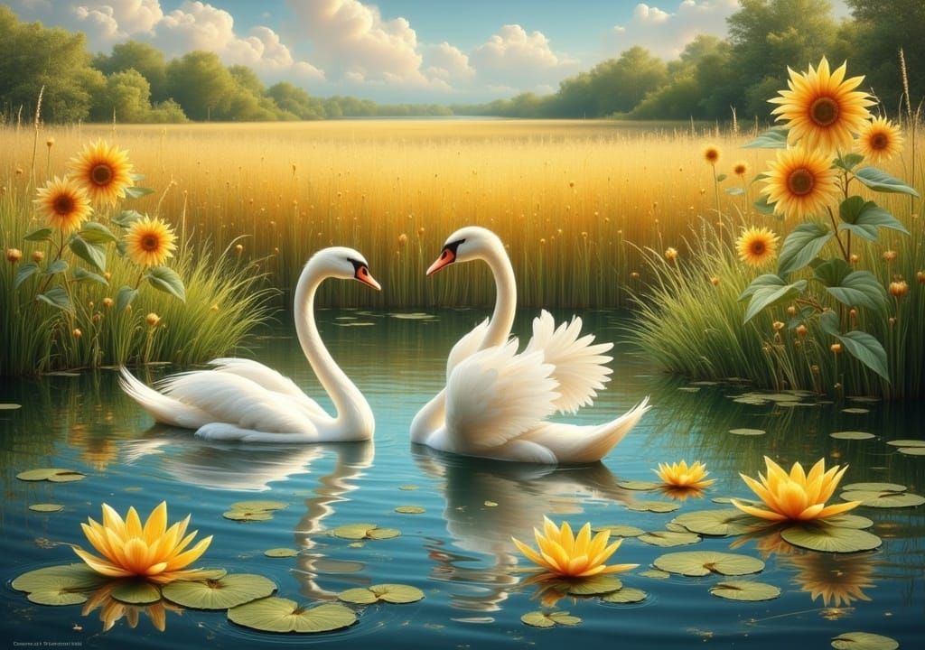 Swans in Pond with Lilies and Sunflowers