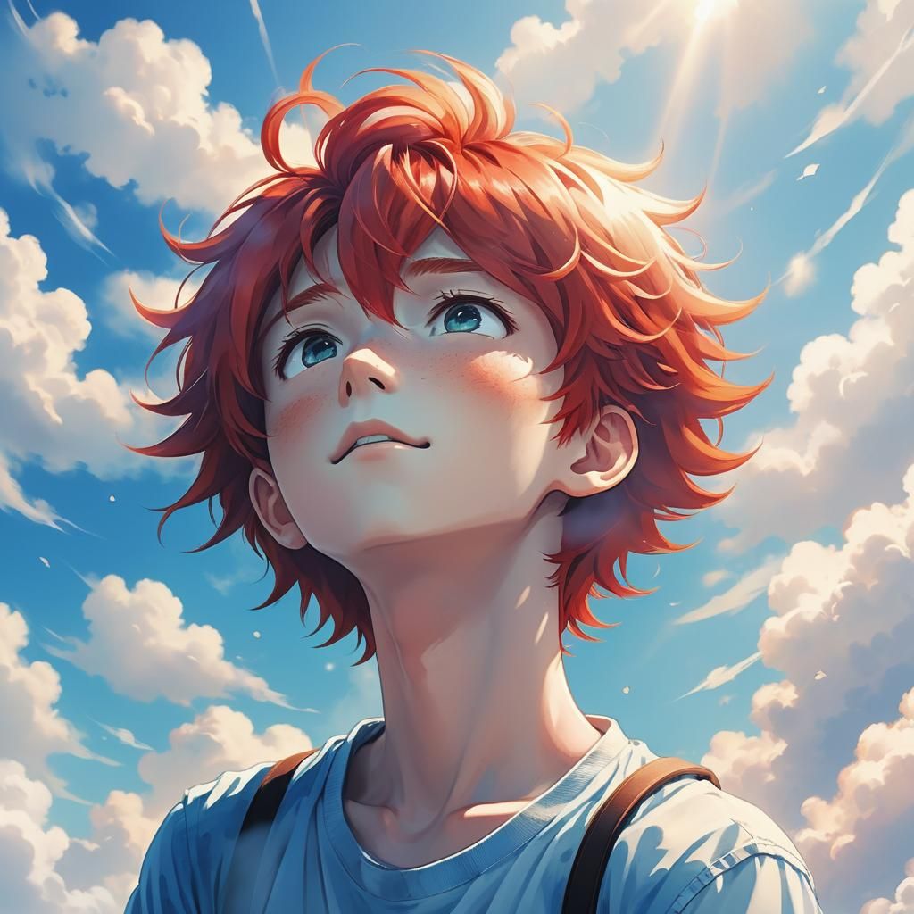 Anime Boy with Red Hair Looking at Sky