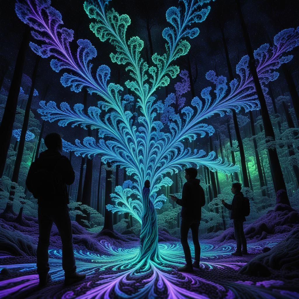 Bioluminescent Fractals in Futuristic Forest: Abstract Expre...