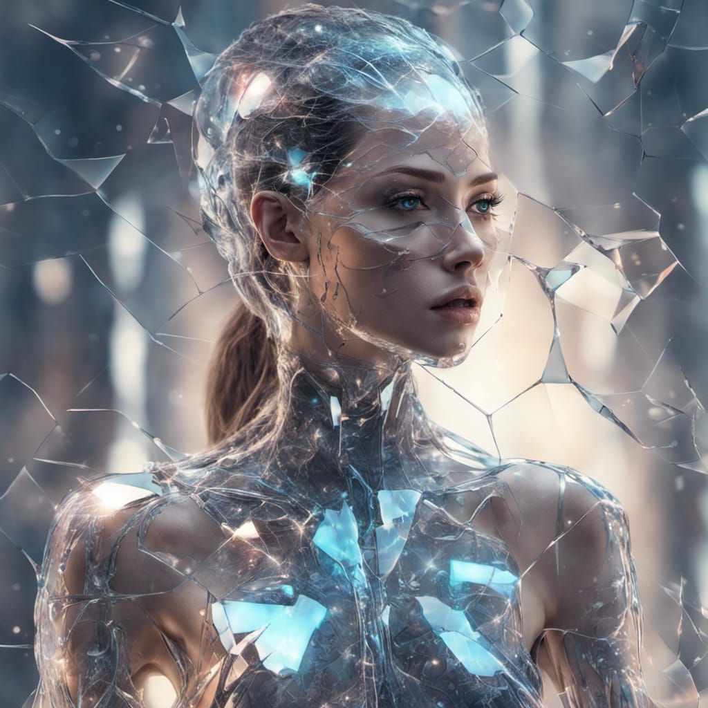 sci fi futuristic cyborg girl with translucent Glass effect body, Broken Glass effect, no background, stunning, energy, ...