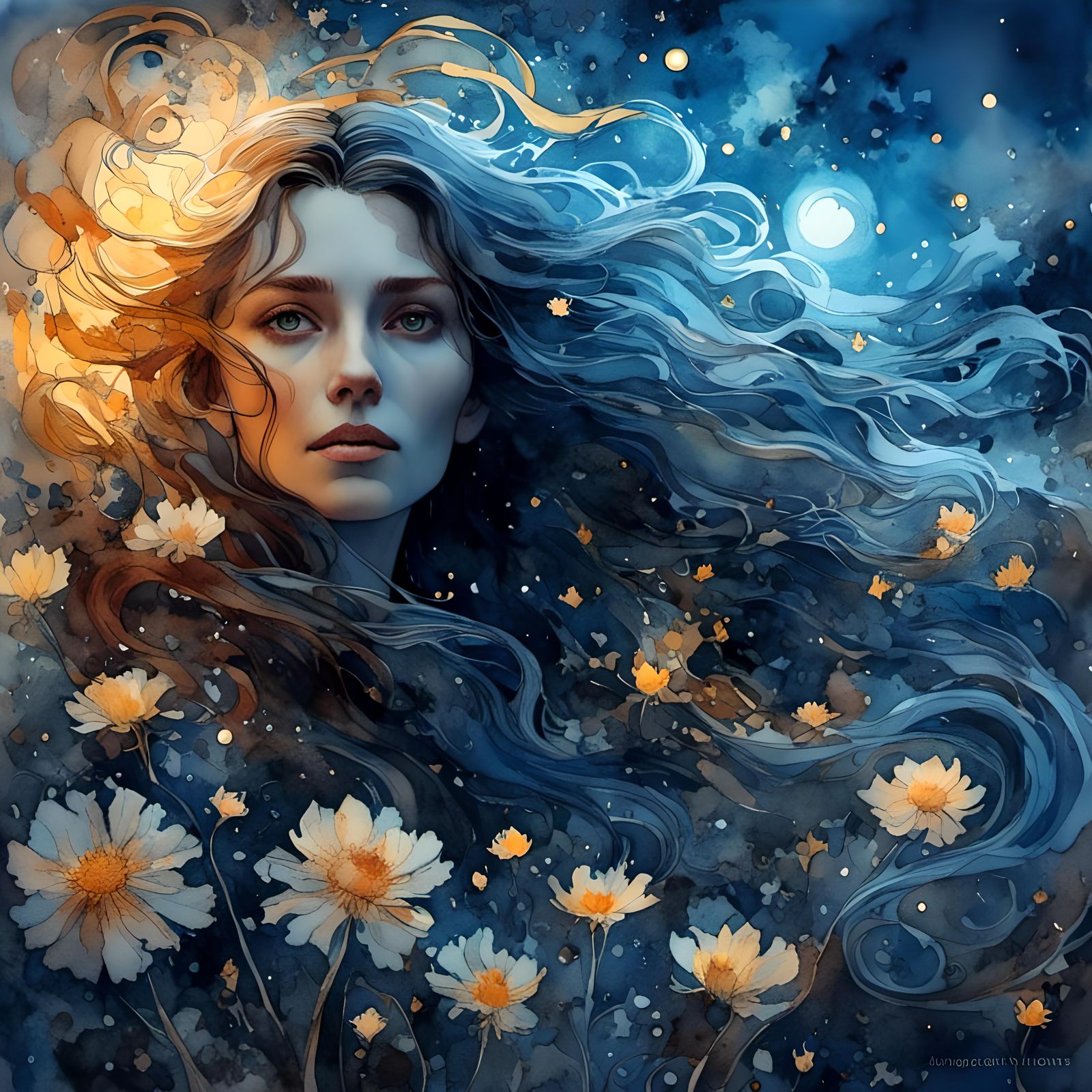 Romantic Watercolor Woman in Starry Night Landscape