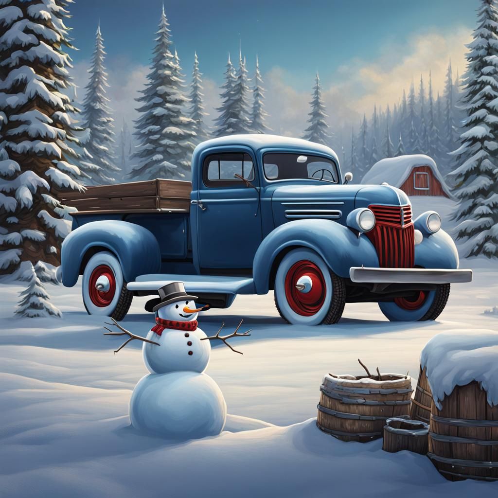 Snowman Changes Tire on Vintage Ford Truck Illustration