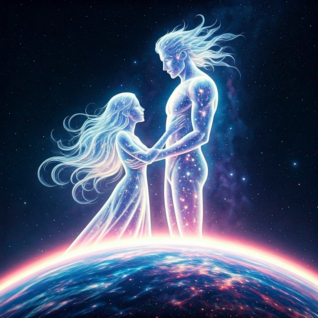 Lovers' Luminous Souls on Star Bridge in Nebulae