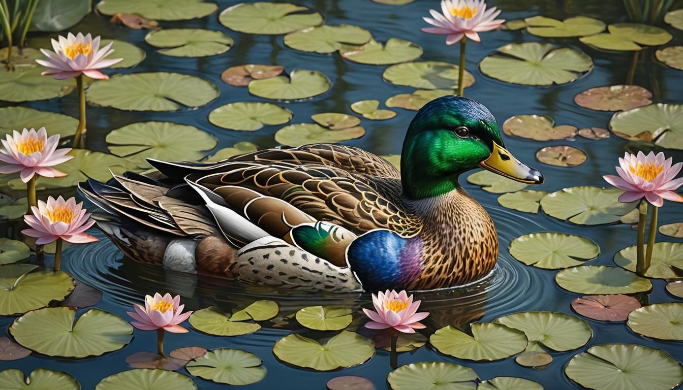 Fantasy Mallard Duck Made of Water Lilies