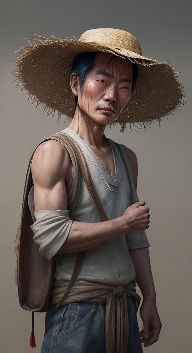 Sad Farmer Portrait near Temple in Hyperrealistic Style