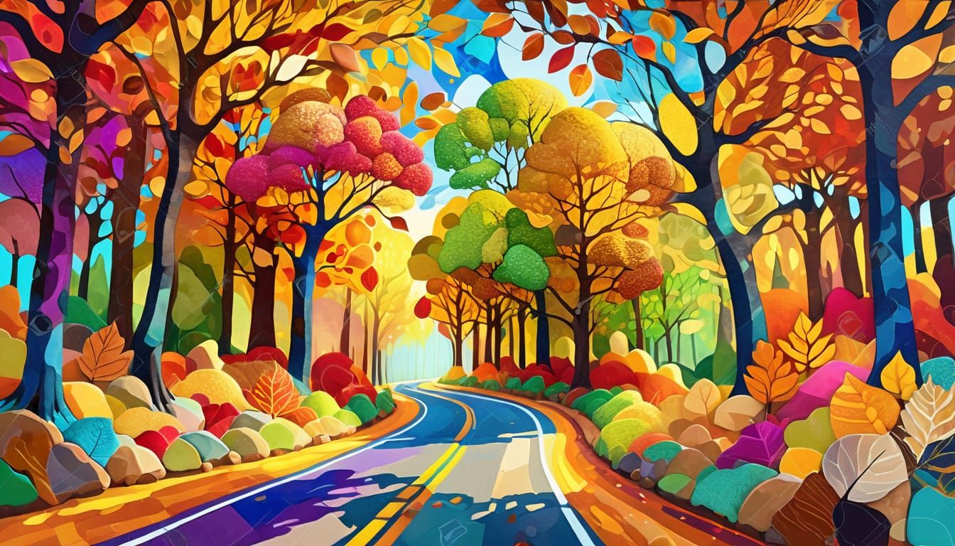 Autumn Road Collage in Fauvist Style