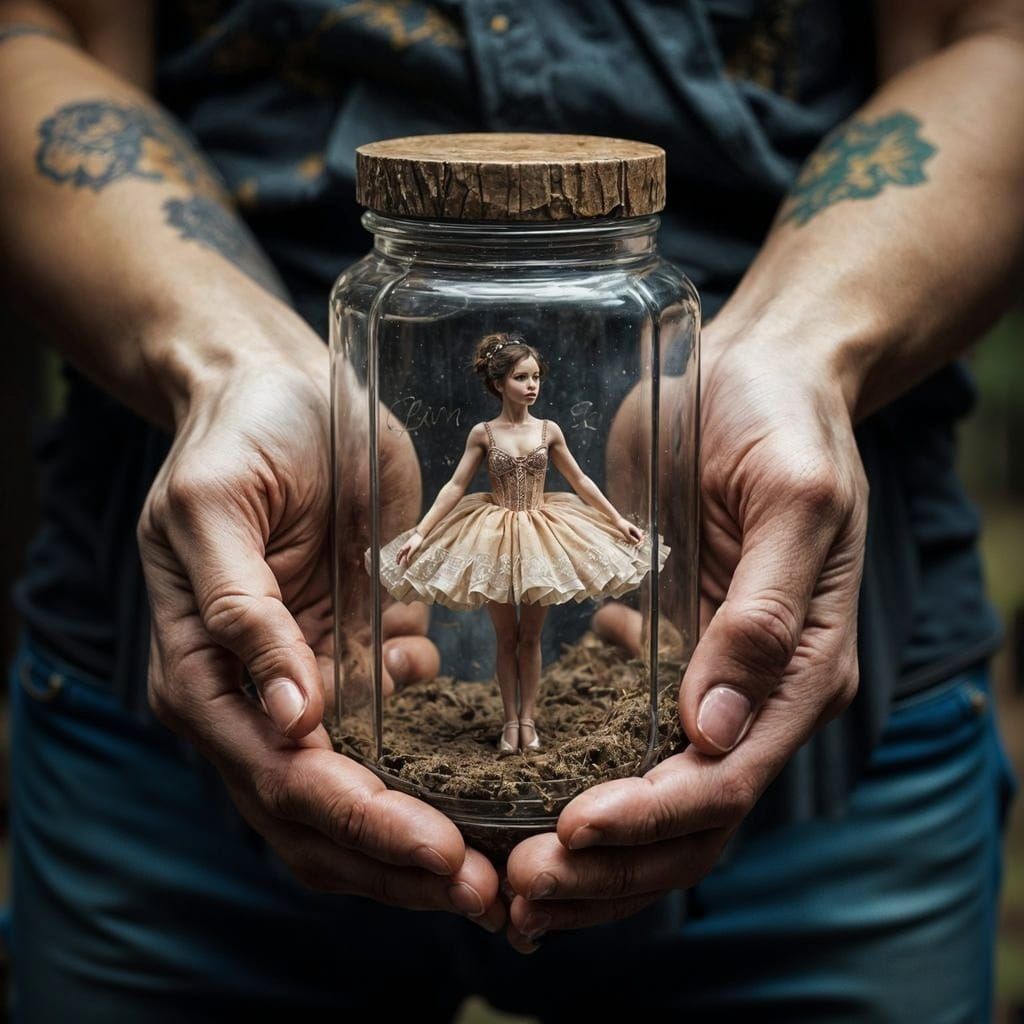 Masculine Hands Cradle Tiny Ballerina in Ephemeral Jar