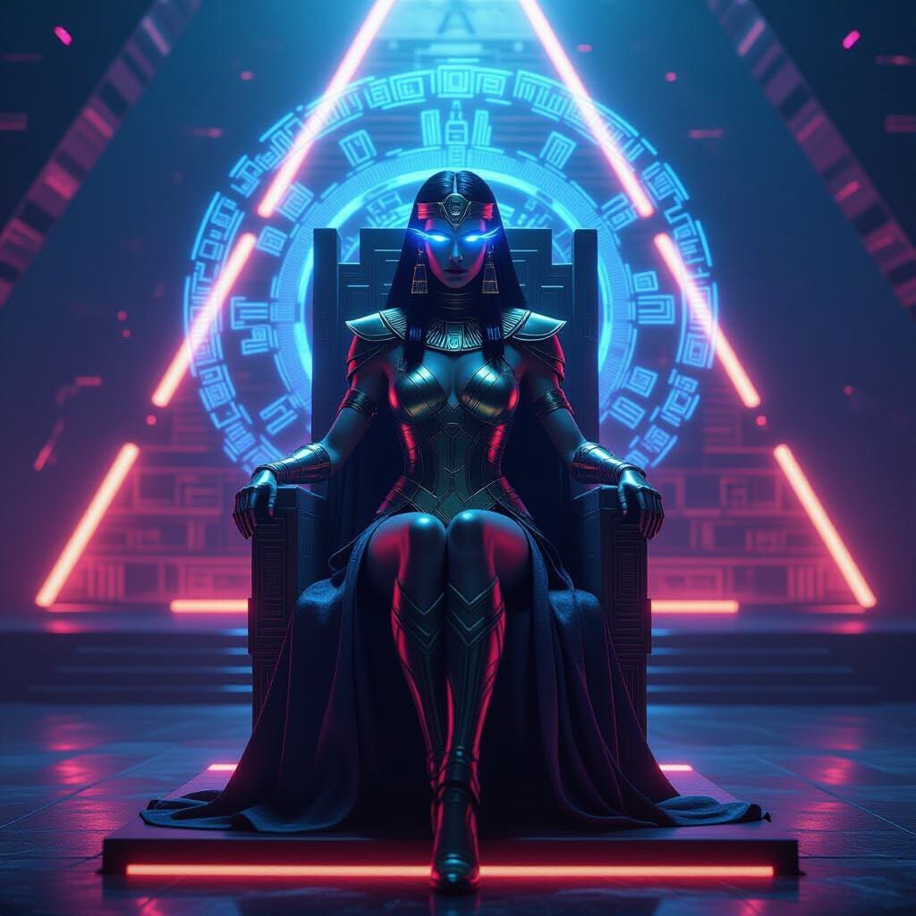 Cyberpunk Wonder Woman on Levitating Throne in Neon Pyramid