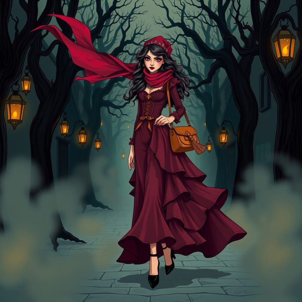 Enchanted Burgundy Enchantress Strolls through Mystical Land...