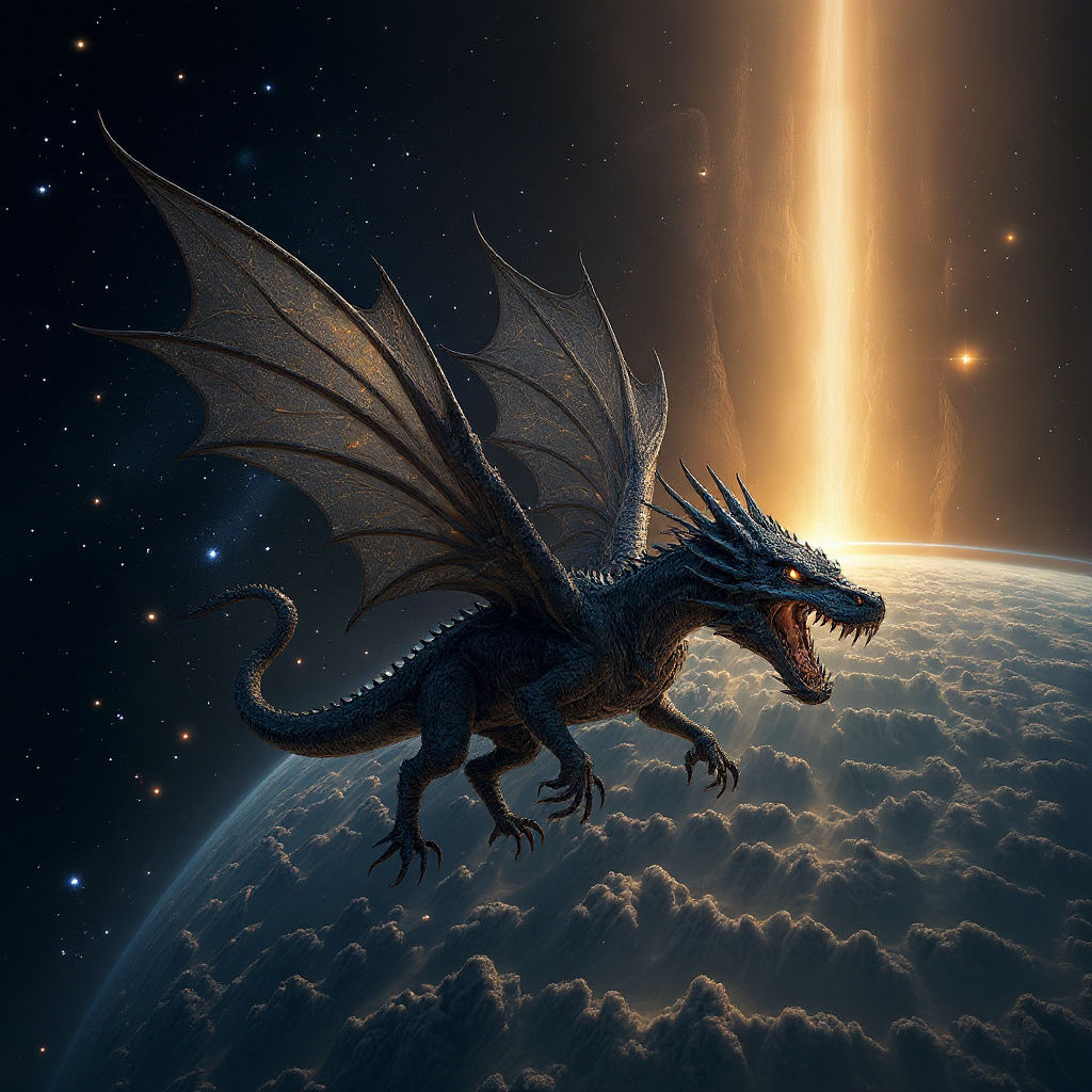 Biomechanical Dragon Soaring Through Saturn Rings