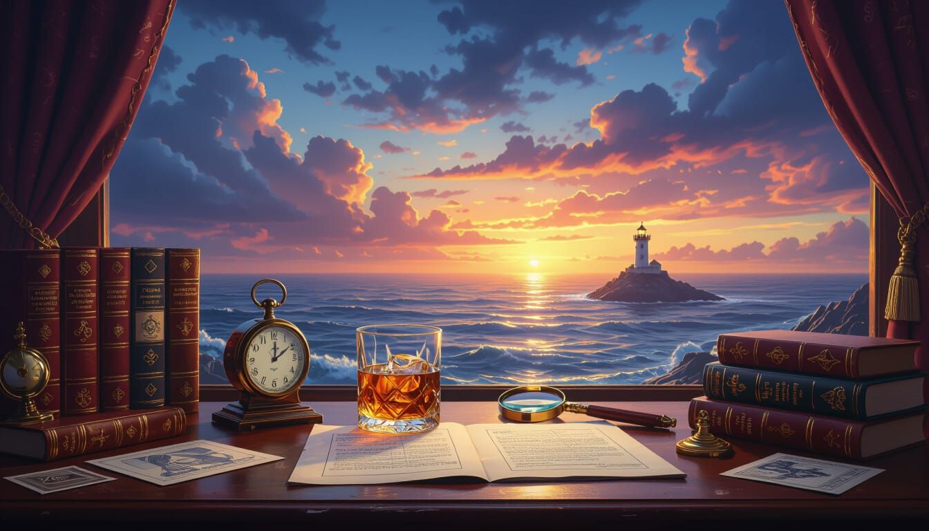 Desk Scene with Lighthouse Seascape Matte Painting