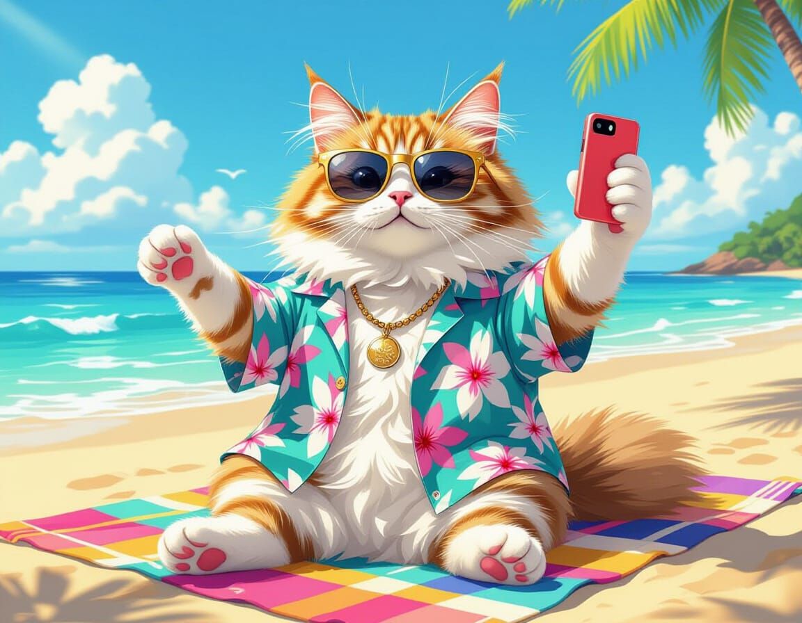 Cat Beach Selfie in Pop Surrealist Style
