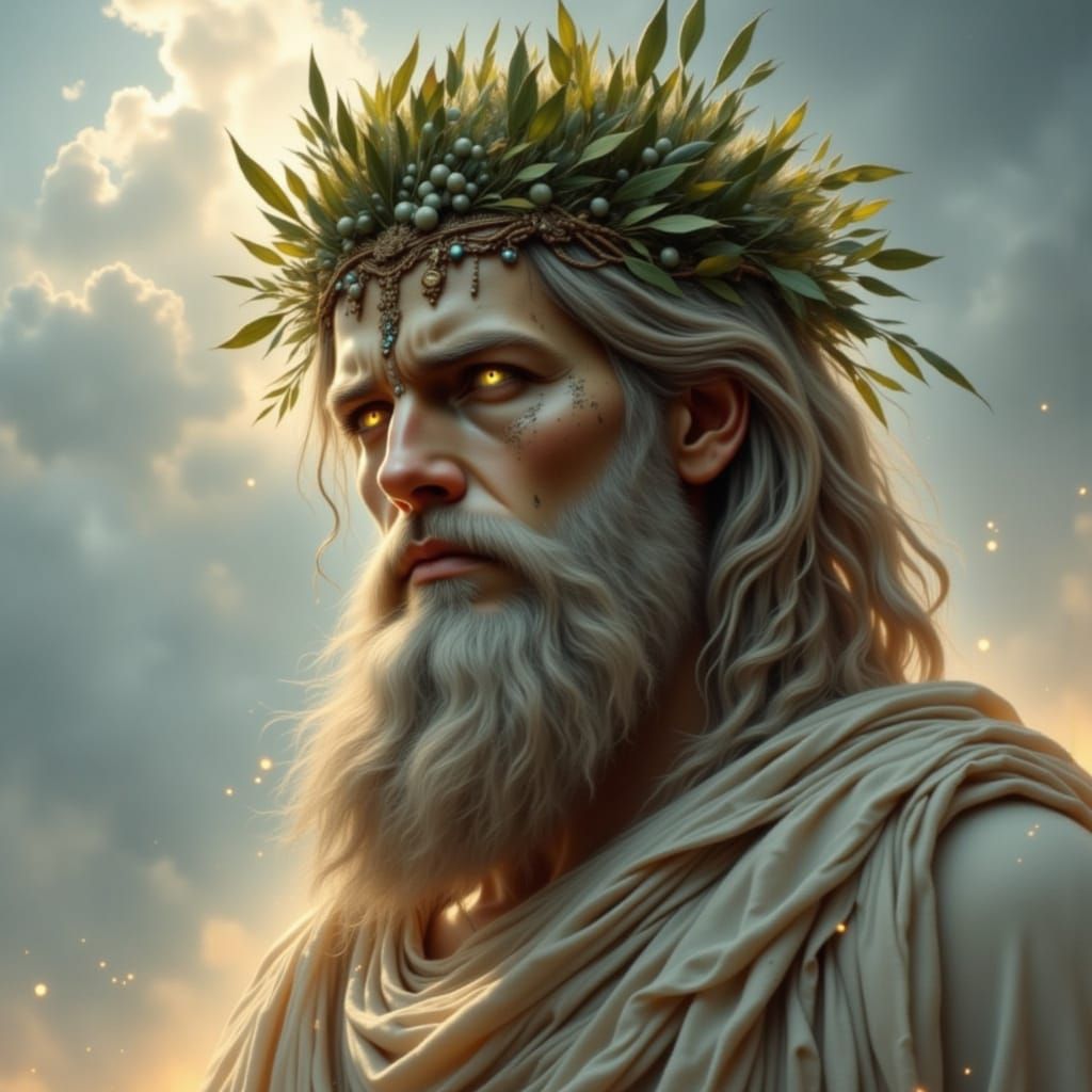 Ancient Greek God in Ethereal Robes, Radiating Wisdom and My...