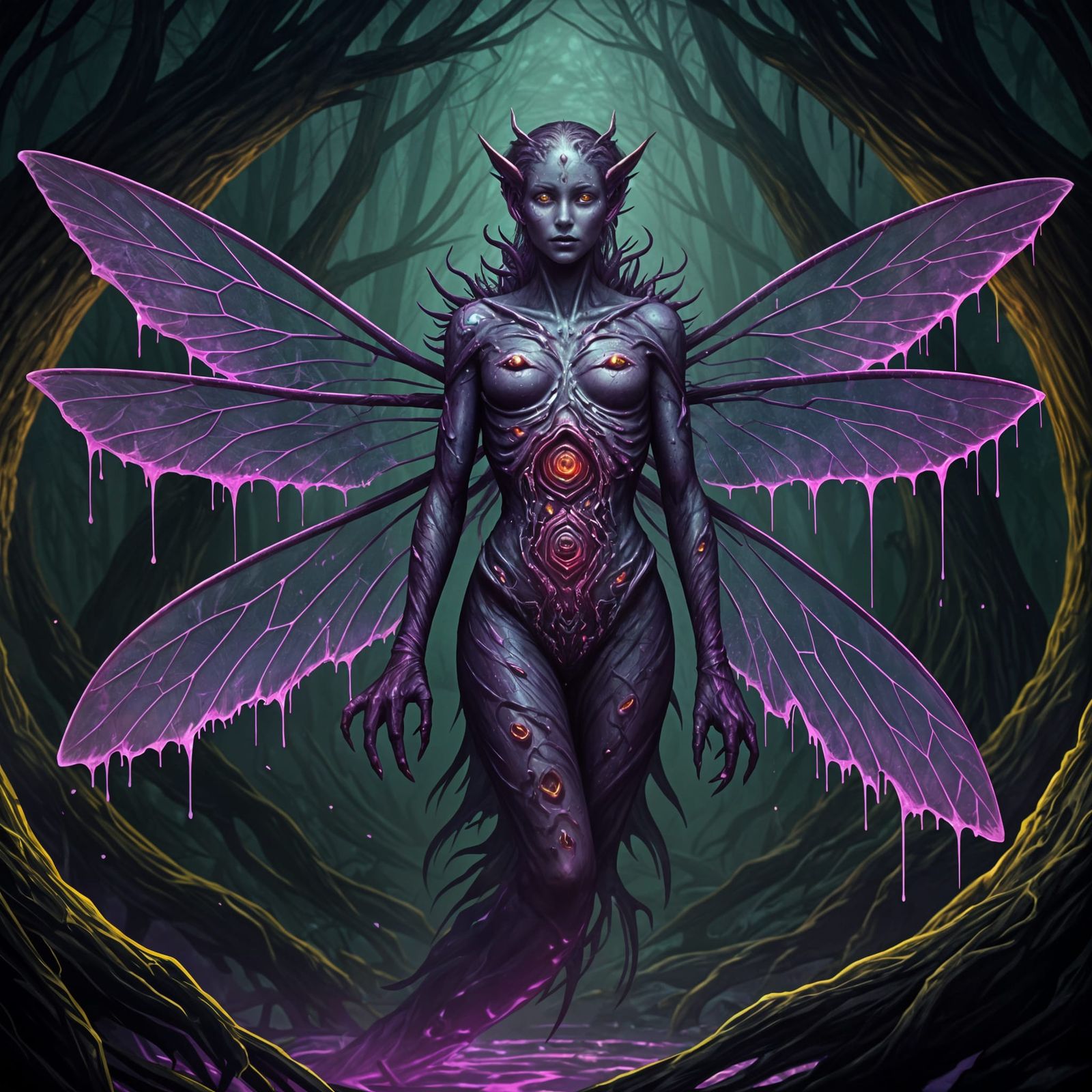 Corrupted Fey Creature in a Bioluminescent Forest