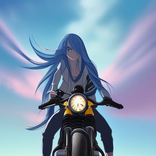 Biker Woman with White Hair in Anime Style