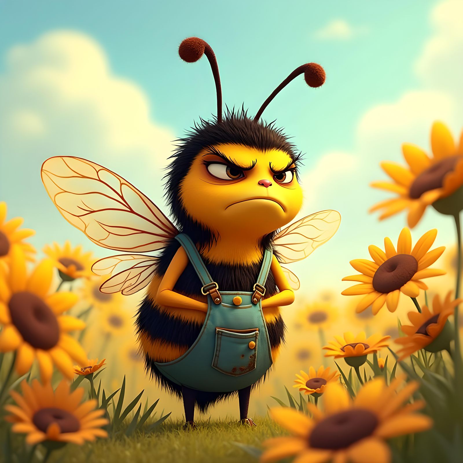 Grumpy Cartoon Bee in Flower Field (CGI)