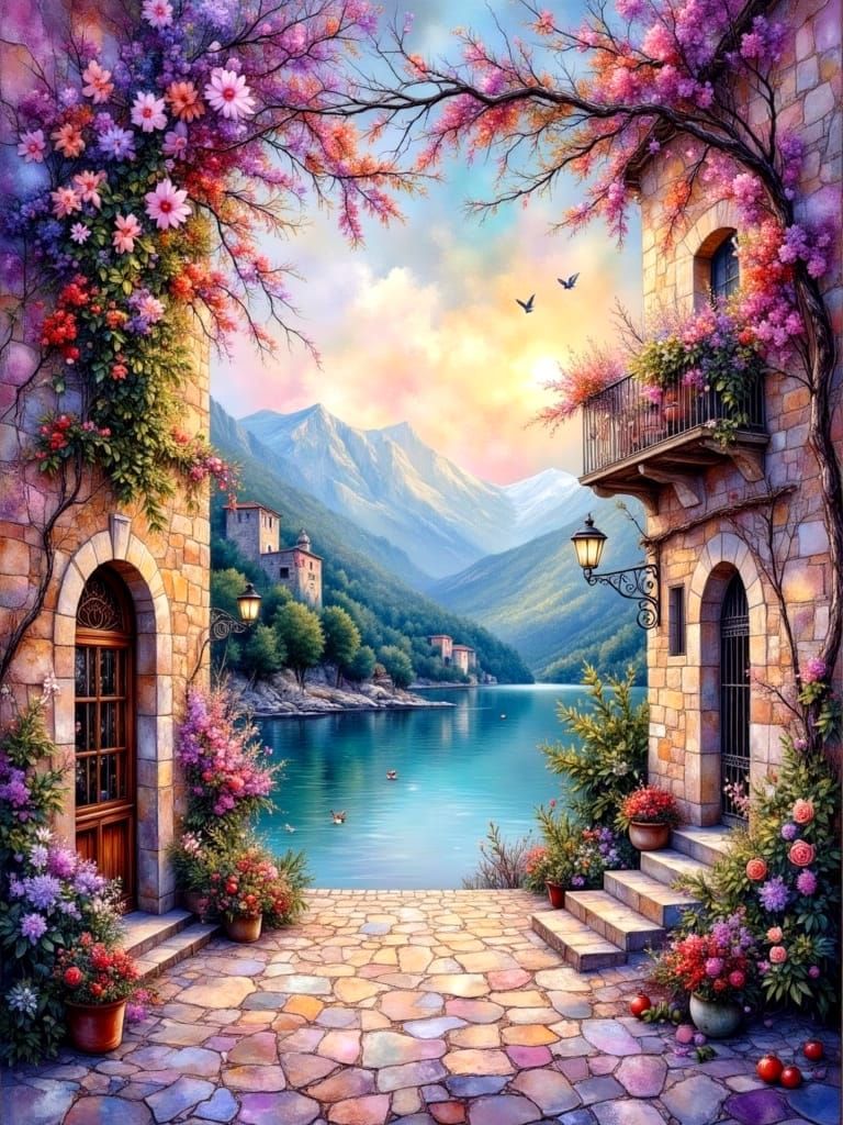 Medieval Italian Street Scene with Ethereal Sunrays