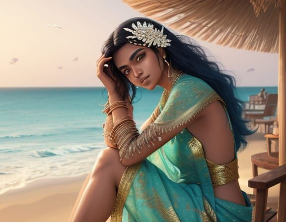 South Asian Woman by Sea in Evocative Digital Painting