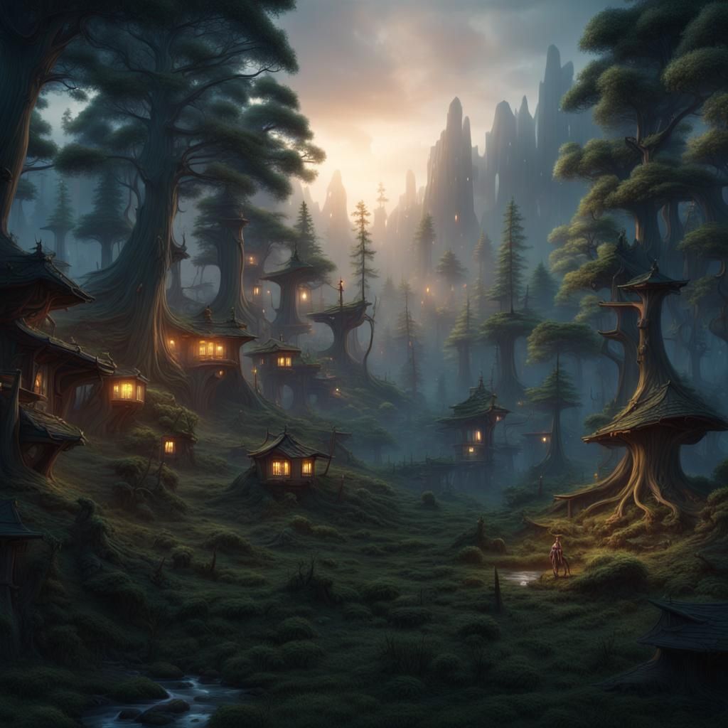 Enchanted Elf Colony in Misty Pine Forest