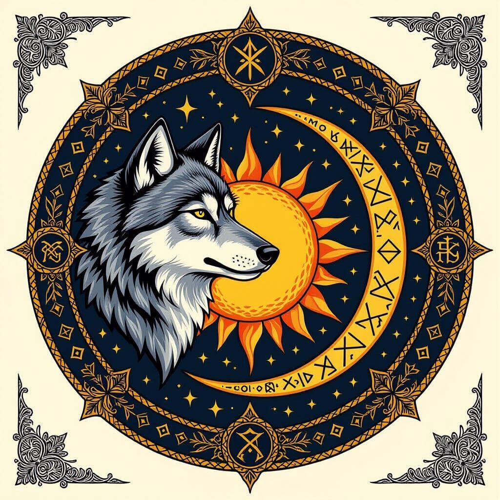 Mystical Wolf Under Stars, Sun, and Moon with Runes