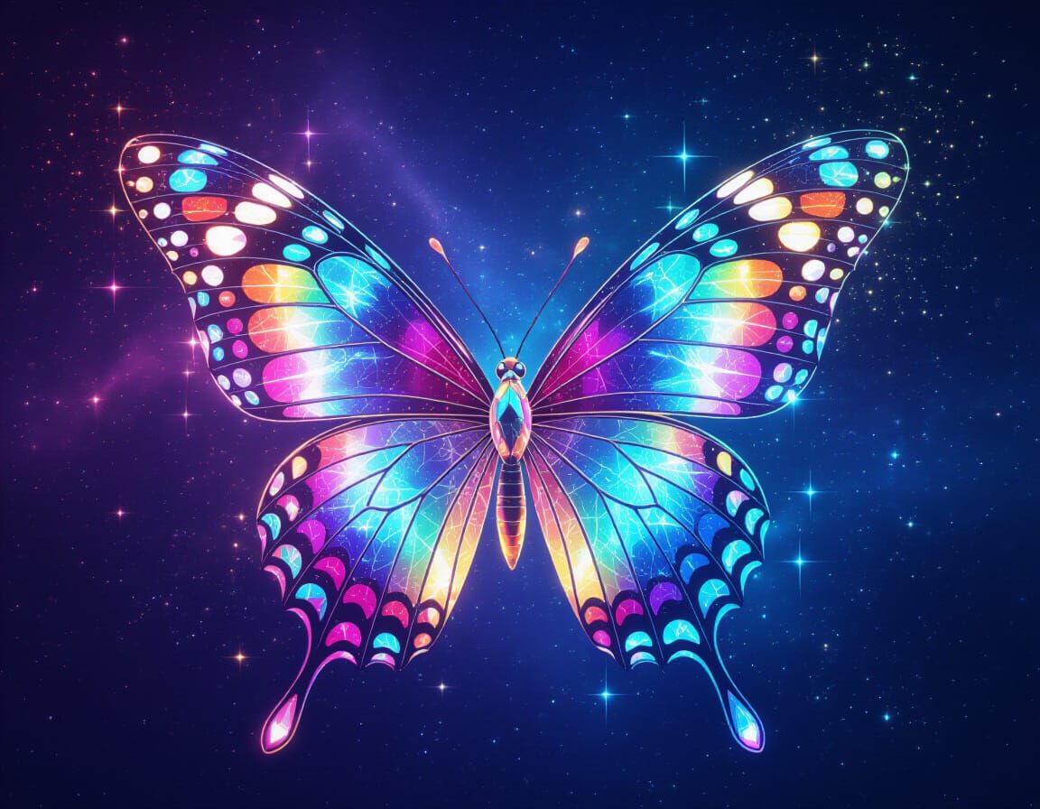 Kaleidoscope Butterfly Soaring Through Neon Galaxy