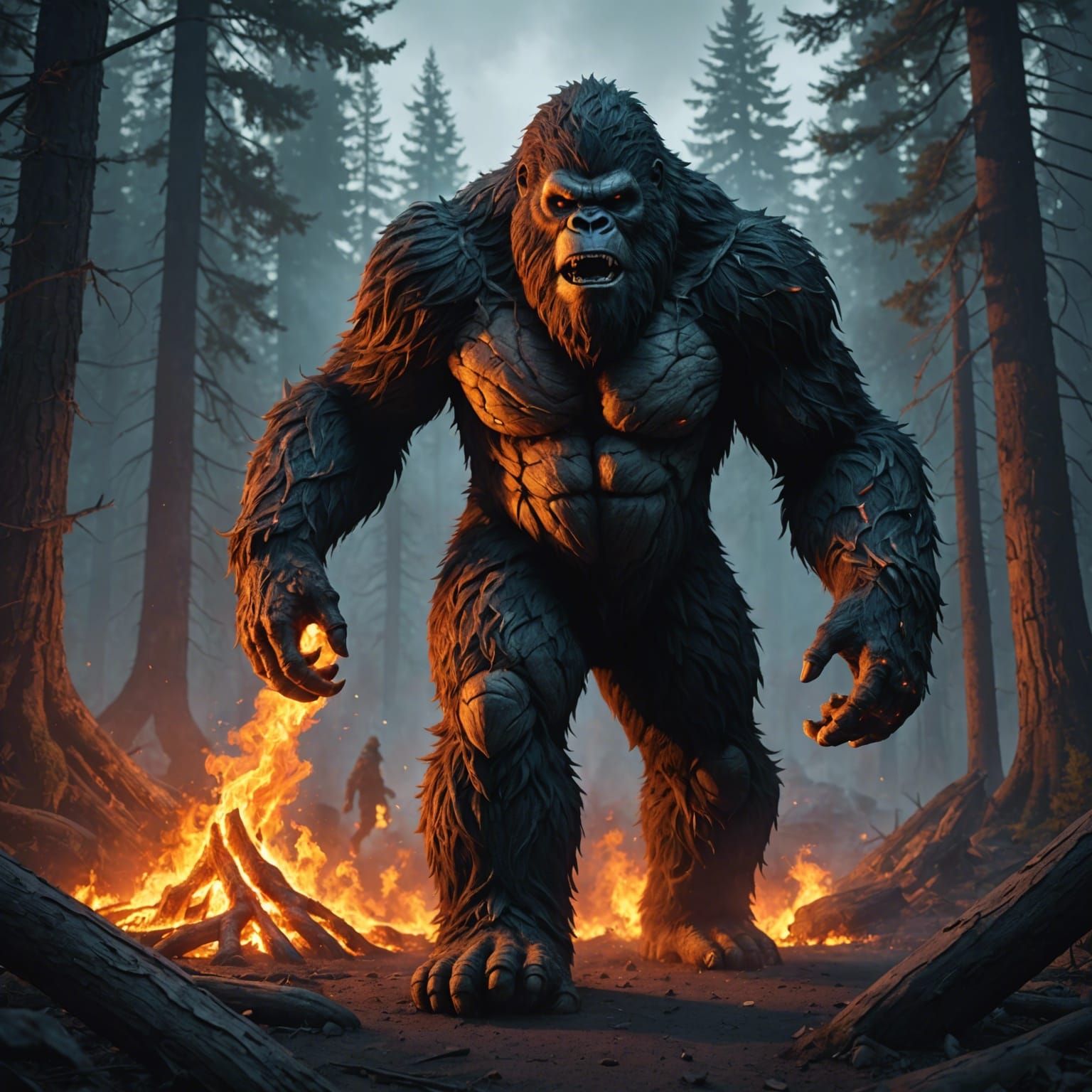 Bigfoot Ablaze: Detailed Matte Painting in 8K