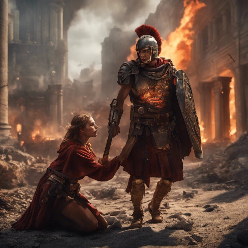 Roman Woman Rescuing Legionnaire in Burning City