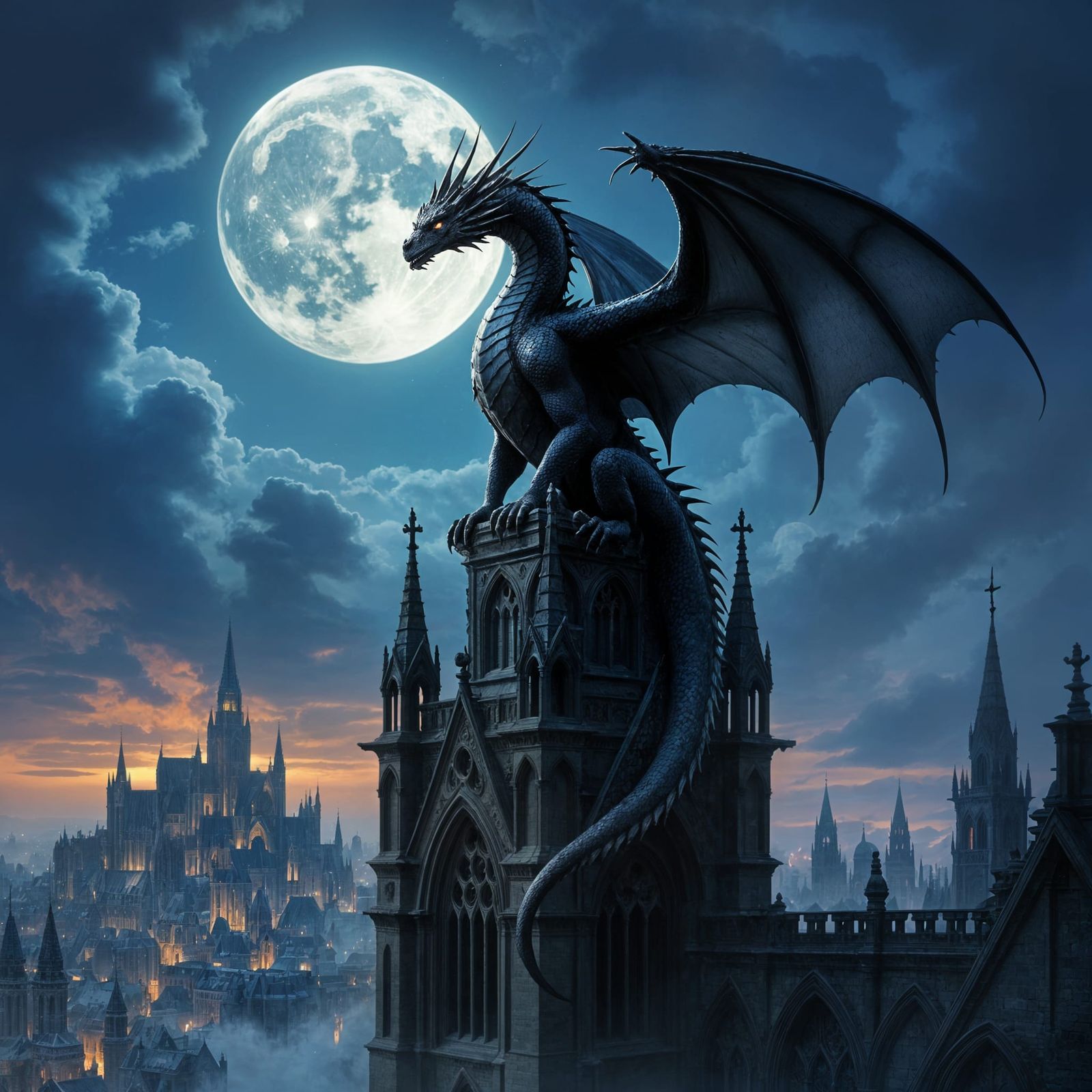 Ancient Dragon Over Gothic City Under Double Moons