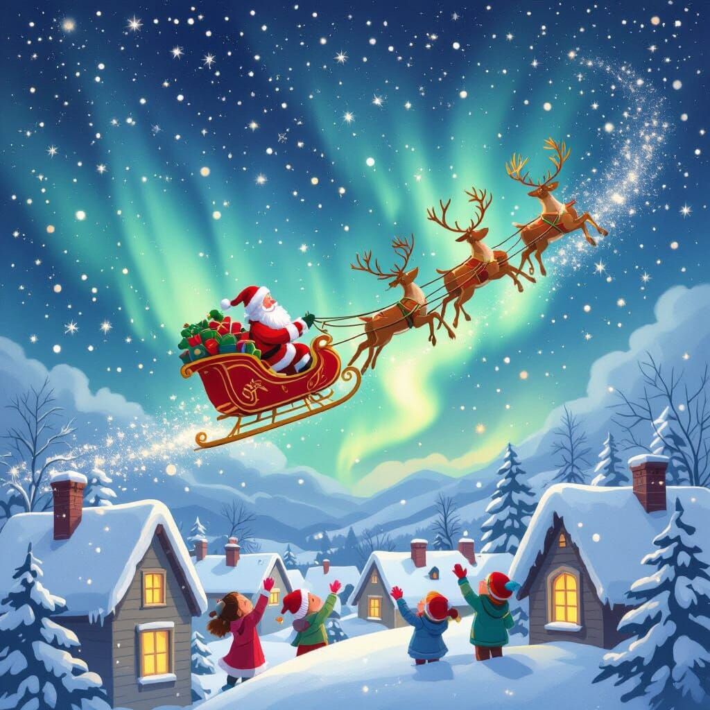 Whimsical Christmas Night: Santa Soars Through Aurora Sky